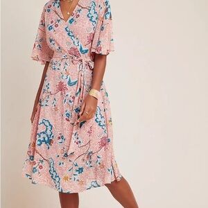 Anthropologie Pink and Blue Floral Midi Dress